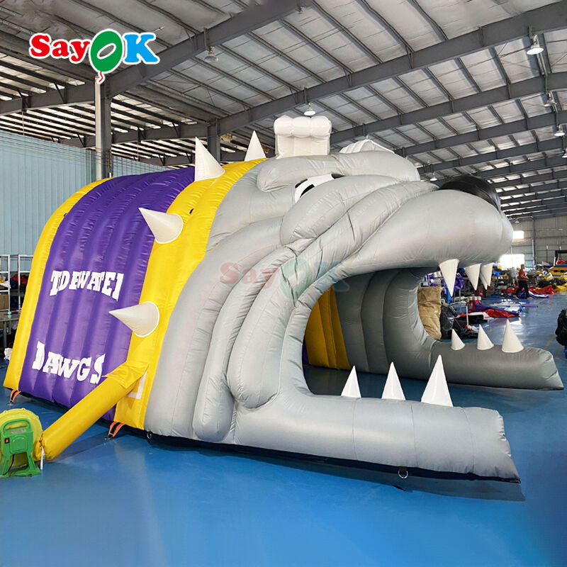 Tienda inflable personalizada con túnel de bulldog y logotipo, ignífuga y resistente a los rayos UV para deportes de fútbol al aire libre